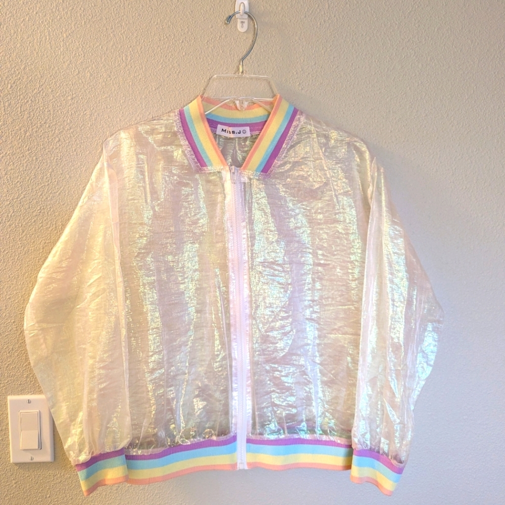 Iridescent Clear Bomber Jacket with Rainbow Trim